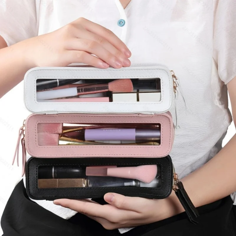 1Pc PU Leather Transparent Makeup Brush Makeup Bag Portable Storage Bag Daily Necessities Storage Accessory