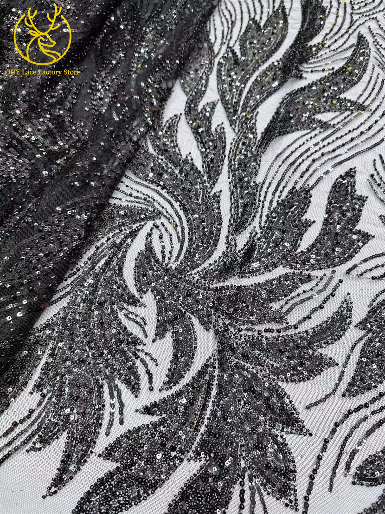 Luxuriöser Afrikanischer Bräutigam Perlenverzierter Tüll-Spitzenstoff Goldene Französische Pailletten-Spitze 5 Meter Nigerianischer Stoff für Brautkleider – Detail 15