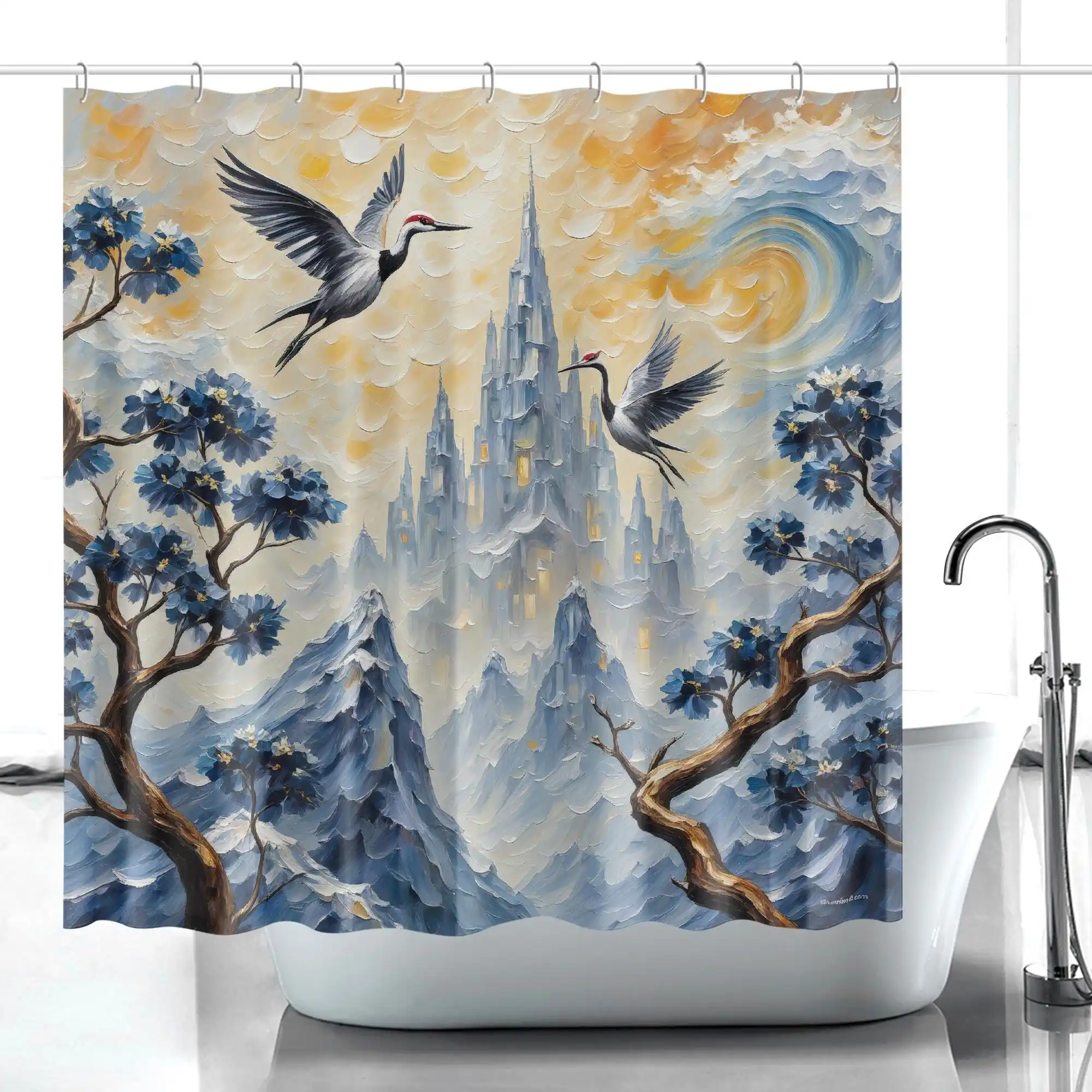 Fantasy Castle and Blue Birds Shower Curtain Waterproof Bathroom Decor Tapestry for Modern Home Bathrooms