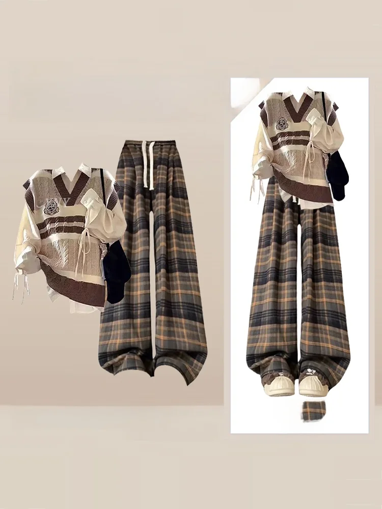 

Осень-зима, женский винтажный цветной вязаный жилет для колледжа, многослойные повседневные брюки с рисунком, комплект Faion