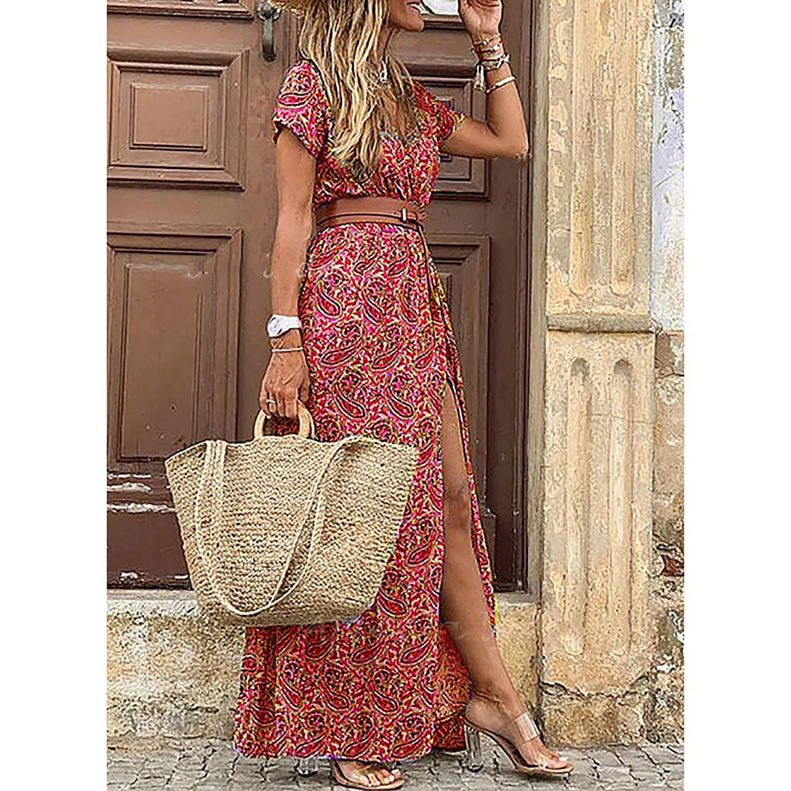 Women's Casual Loose Sundress Short Sleeve Boho Style Floral Long Dress for Party Wedding Wear