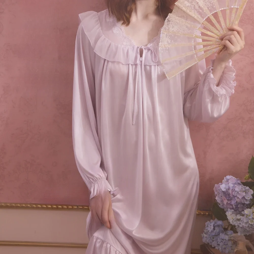 French Court Style Ice Silk Pajamas Long-Sleeved Princess Style Nightgown Sleepwear Homewear Women's Sleepwear