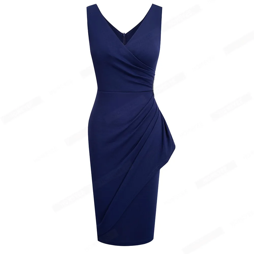 Women Cocktail Party Sleeveless Deep V Neck Embellished Lady Bodycon Wrap Pencil Dress EB706