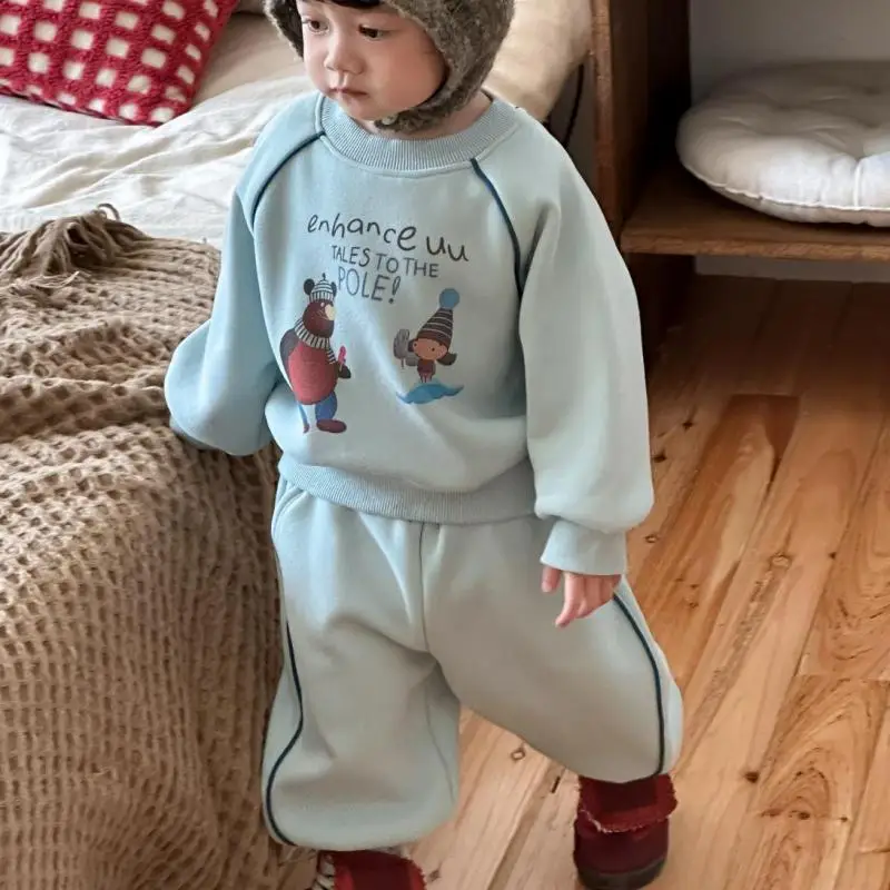 

2025 Winter New Children Warm Sportswear Set Boys Girls Cartoon Sweatshirt + Pants 2pcs Suit Toddler Fleece Clothes Outfits