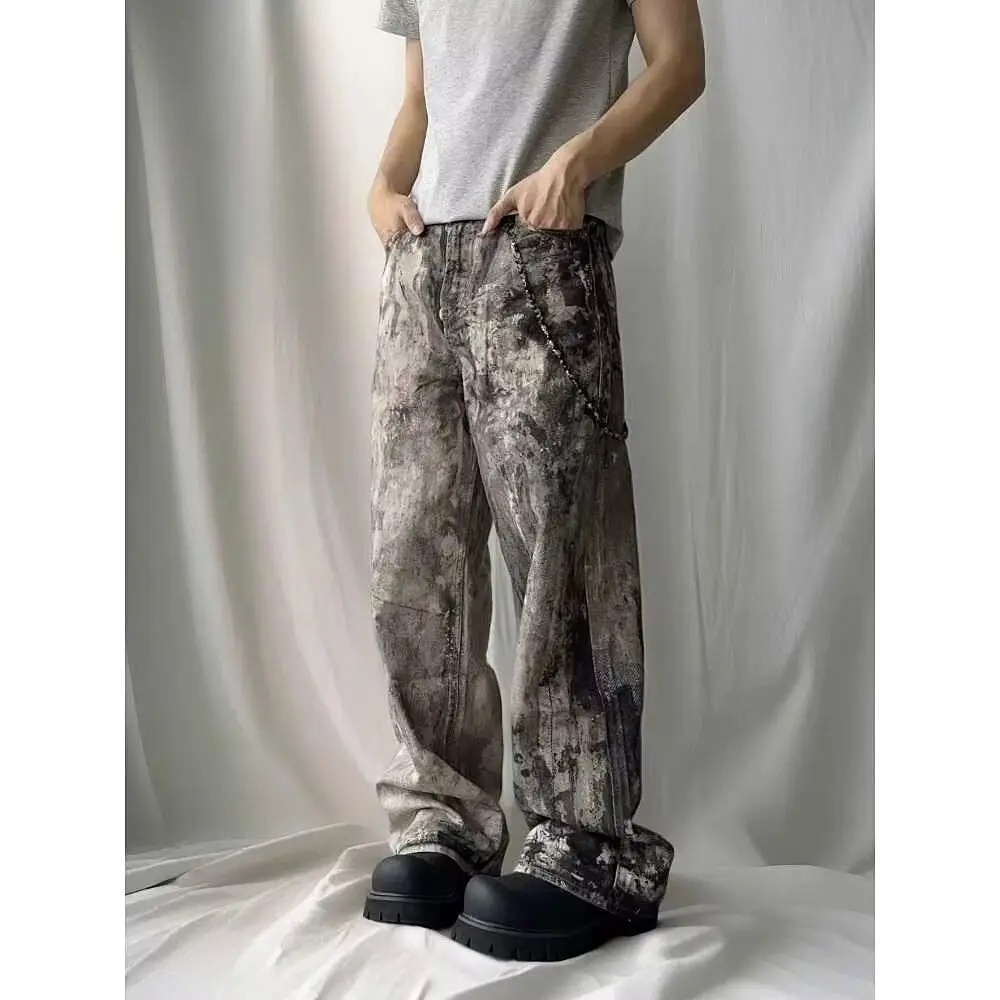 Men's Irregular Tie Dye Pattern Wide Leg Pants Summer Bottom Young Boy Casual Sweatpants Male High Waist Thin Trousers