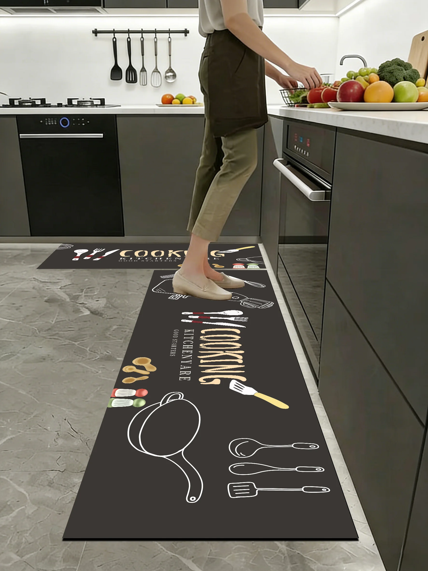 New Kitchen & Bath Mats, Hand-drawn Sketch Kitchenware With Art English Letter Print, Anti-slip, Water-absorbent & Easy To Clean