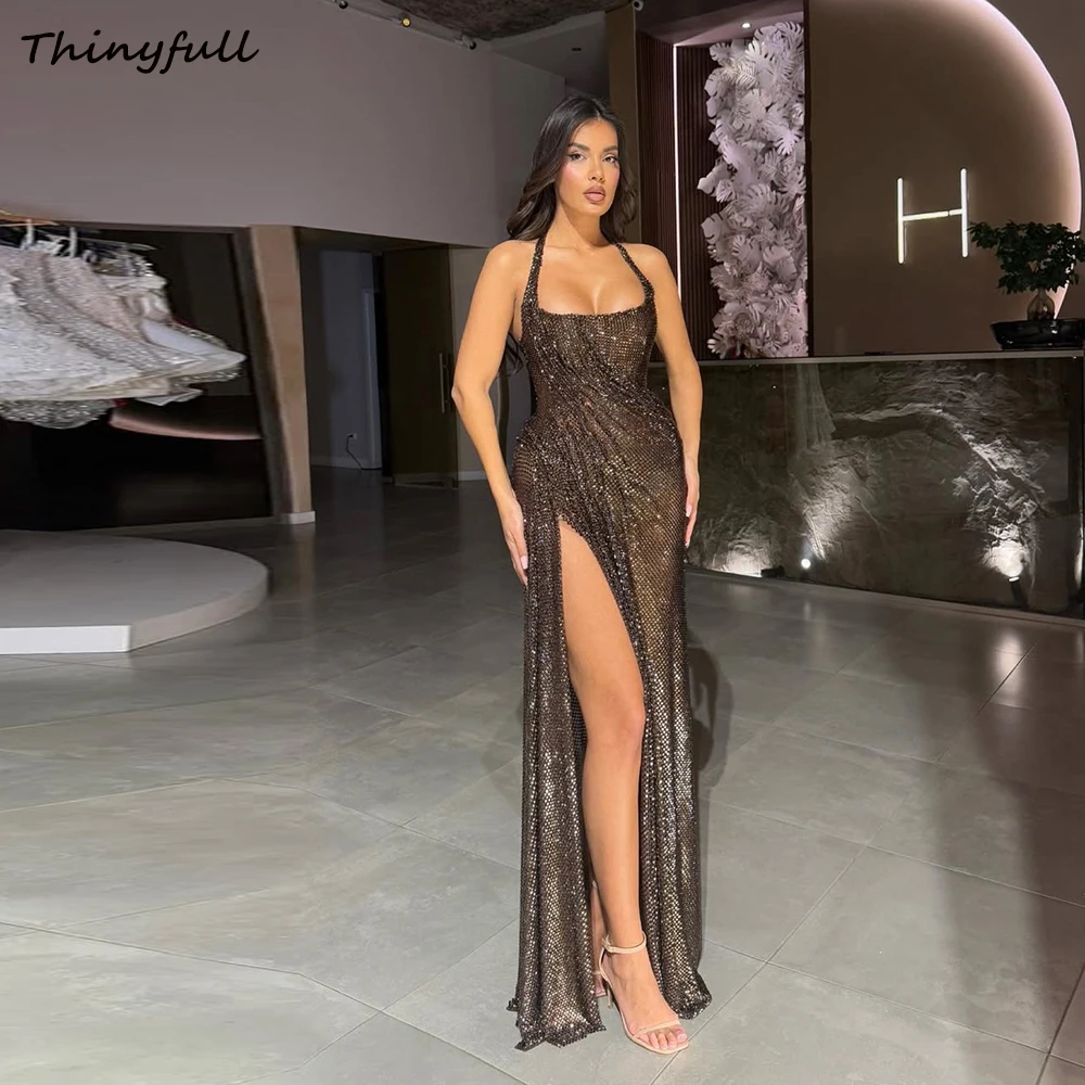 

Thinyfull Mermaid Shiny Prom Dresses Halter Sleeveless Evening Party Gown Split Long Formal Dress Robe De Soirée Customized