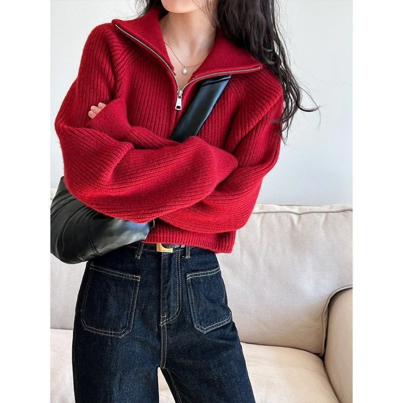 Vibrant Red Ribbed Knit Sweater For Women Half Zip Stand Collar Cropped Loose Minimalist Korean Chic Fall Winter Warm Pullover