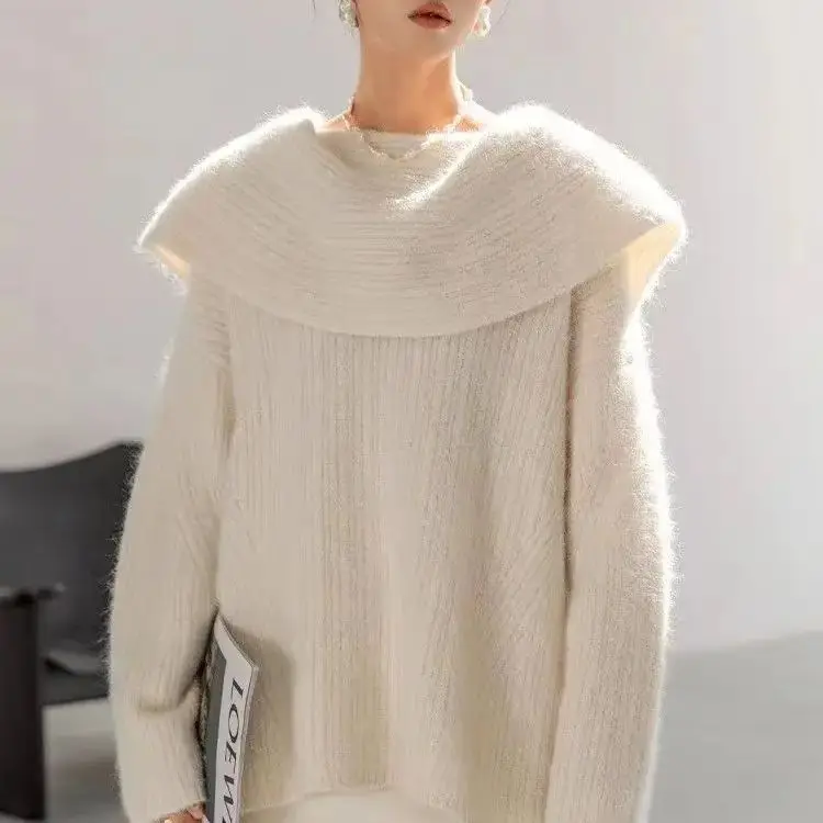 

Knitted Pullover Sweater With Back Slit, Off-The-Shoulder Women'S Spring And Autumn Solid Color Loose One-Line Neck Sweater