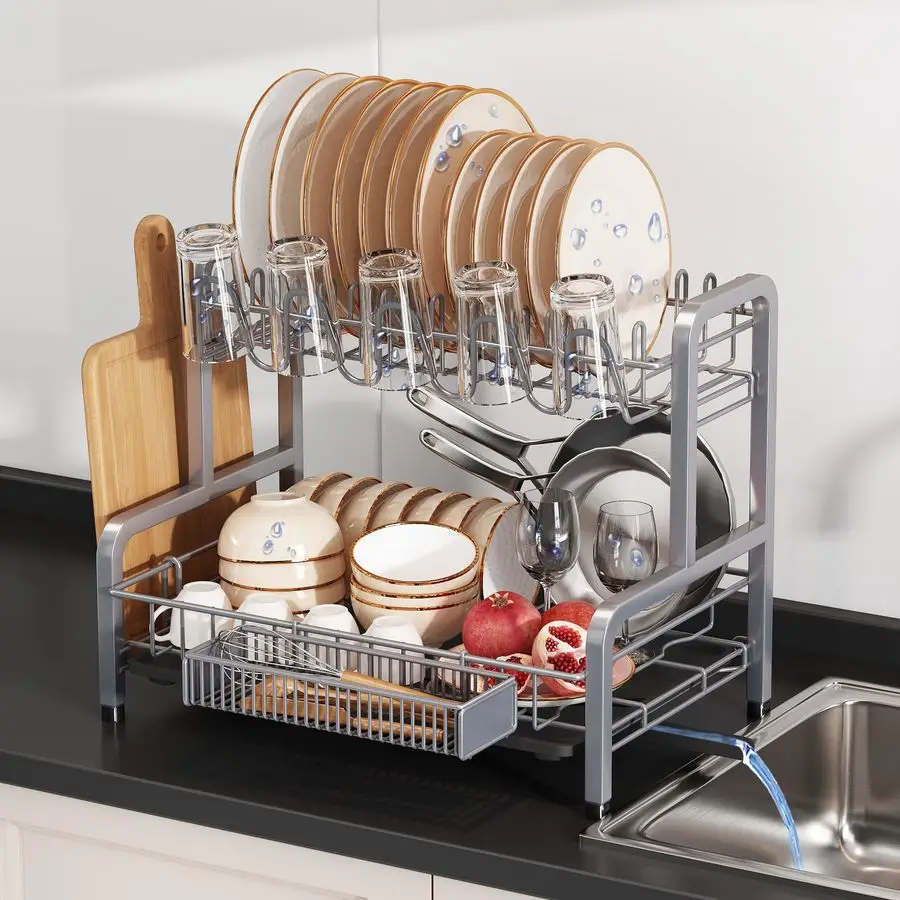 

Многоуровневая сушилка для посуды на кухонную столешницу, большая, из нержавеющей стали, с поддоном, экономит место, современная