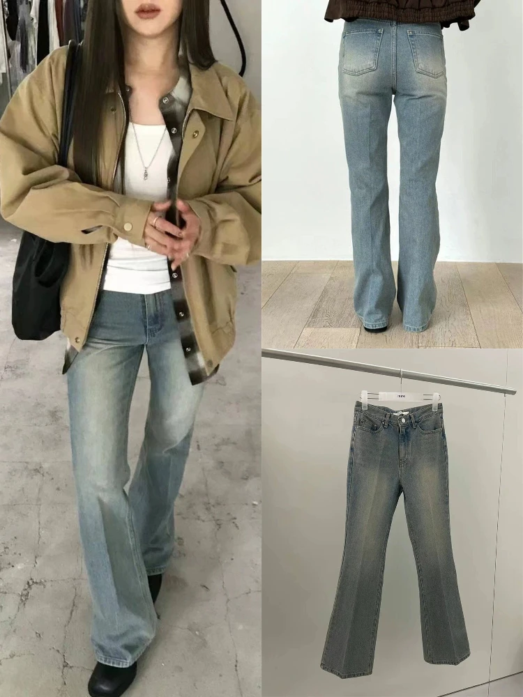 

Осенние женские расклешенные джинсы Slim Fit в стиле ретро, универсальные повседневные хлопковые эластичные джинсовые джинсы с высокой талией на молнии