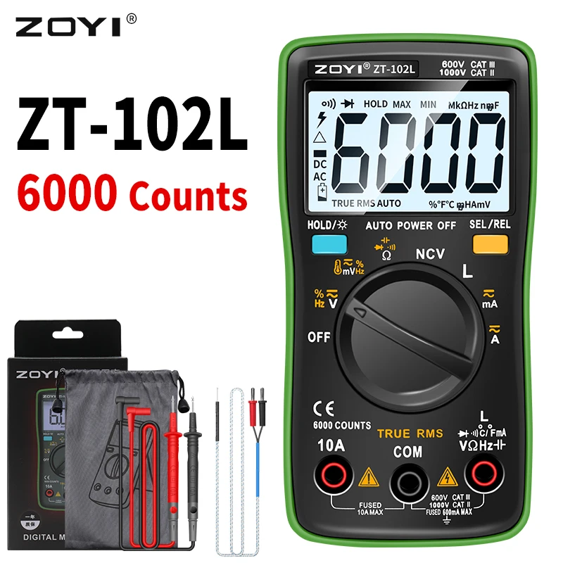 ZOYI T102L Digital Multimeter 6000 Counts Electrical Meter Transistor Tester Auto Rang AC/DC Voltage Process Calibrator