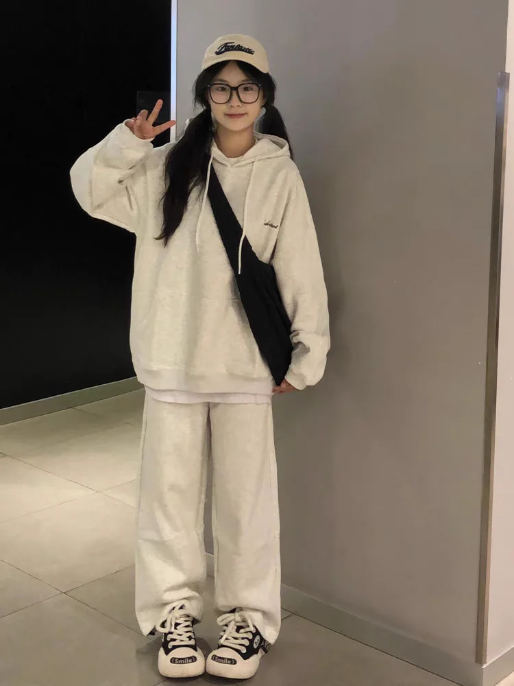 

Japanese style youth hoodie sportswear set, women's autumn and winter college style hooded pants, casual and lazy two-piece set