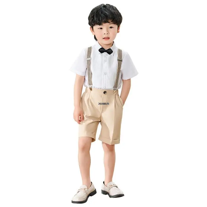 Bambini estate fotografia vestito bambini cinturino formale camicia corta papillon abbigliamento Set scuola ragazzi pianoforte Performance Costume