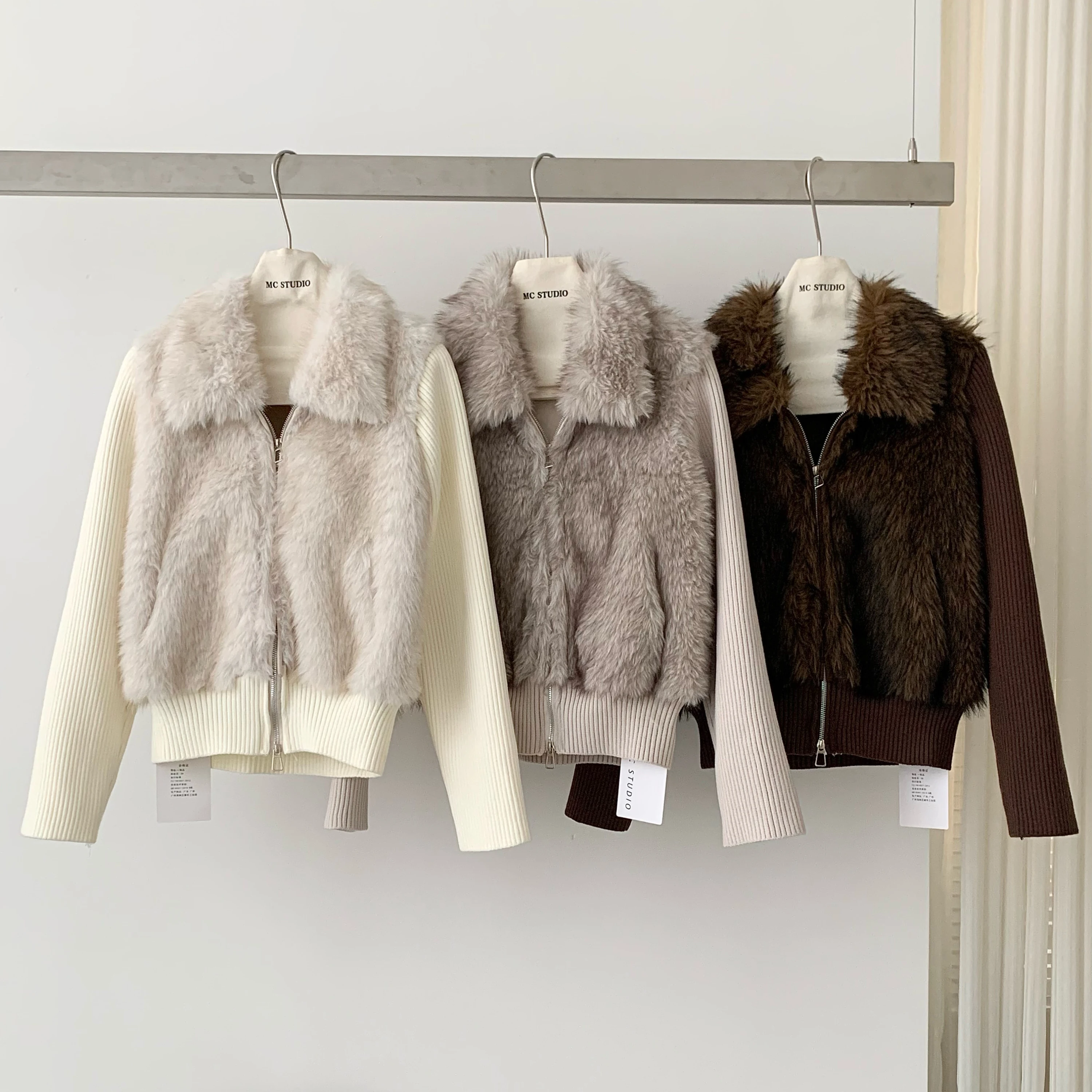 

Women's Faux Fur Knitting Patchwork Coat Zipper Long-Sleeved Turn-Down Lapel Jacket Autumn Winter Chic Thick Warm Outerwear