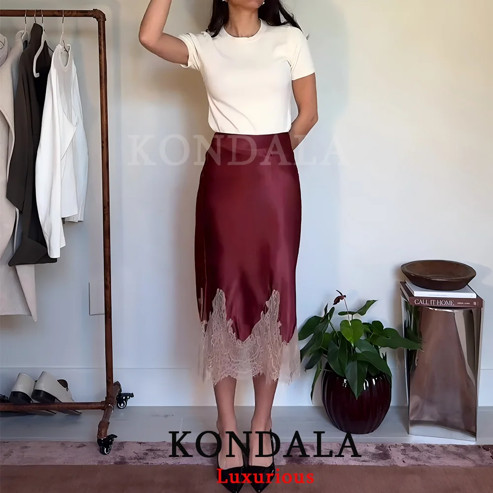 KONDALA Sexy Chic Red Satin Long Lace Skirts Women Fashion 2026 Spring New Year Party Skirts Straight Elegant Women Skirts