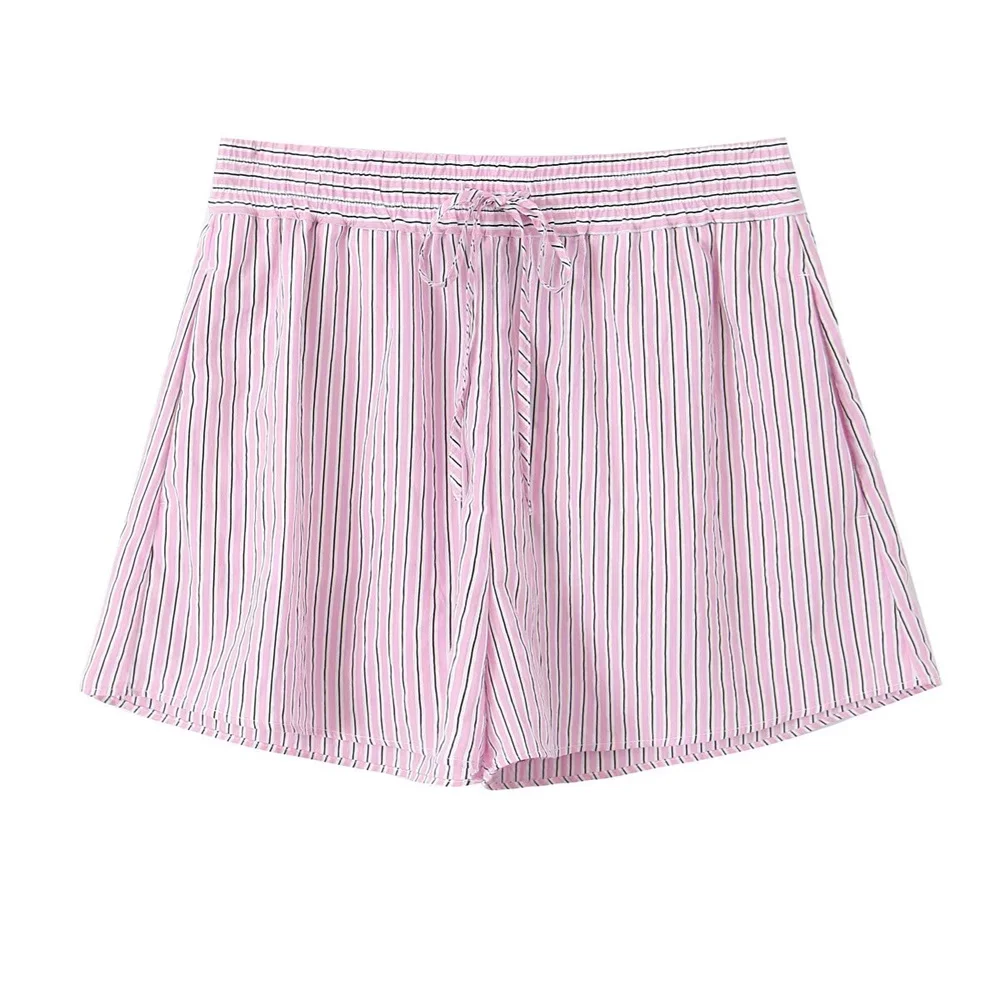 UNIZERA2024 Summer New Product Fashion Casual Women\'s Striped Shirt High Waist Wide Leg Shorts Set