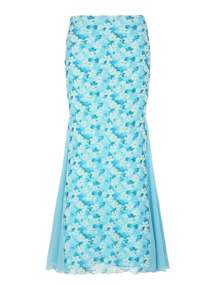 

WEEKEEP Summer Fre Mint Blue Floral Print Me Paneling Wrap around Fi Tail Long Skirt Low Waist f Body Skirt