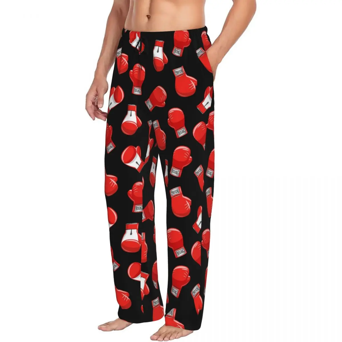 Custom Red Boxing Gloves Men Pajama Pants Lounge Sleep Sleepwear Bottoms with Pockets