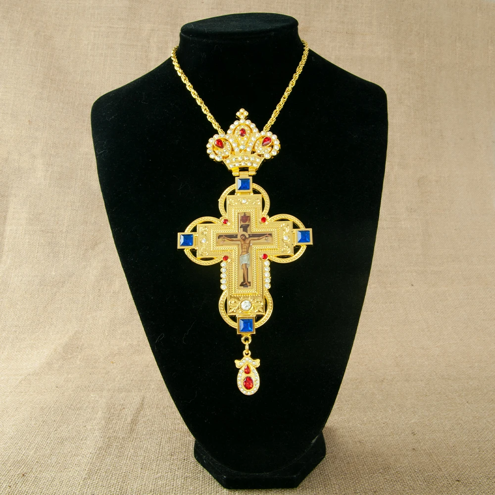 قلادة صليب مسيحي أرثوذكسي من HTISOK مطلية بالذهب مع أحجار كريمة وأحجار الراين هدية أرثوذكسية لكنيسة زفاف عيد الفصح القس #4
