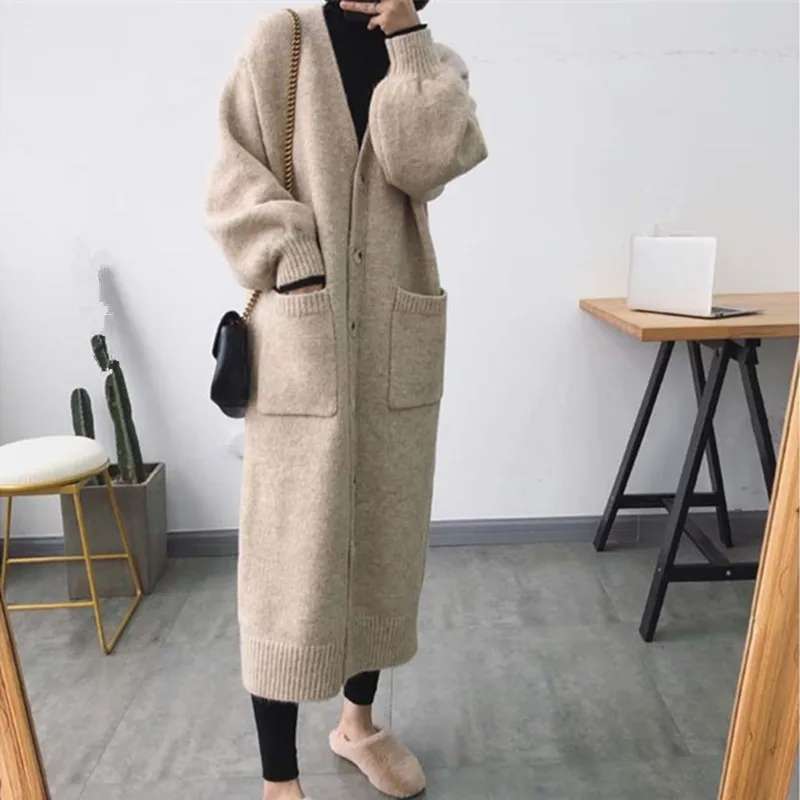 

Apricot Cashmere Cardigan Women Fall 2023 Single-breasted Pocket Loose Long Sweater Coat Female Harajuku Soft Knitted Clothes