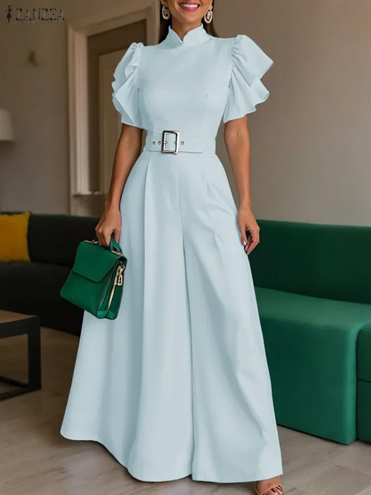 

2025 ZANZEA Elegant Summer Office Long Jumpsuits Stand Collar Belted Party Romper Fashion Short Ruffled Sleeve Solid Casual Pant