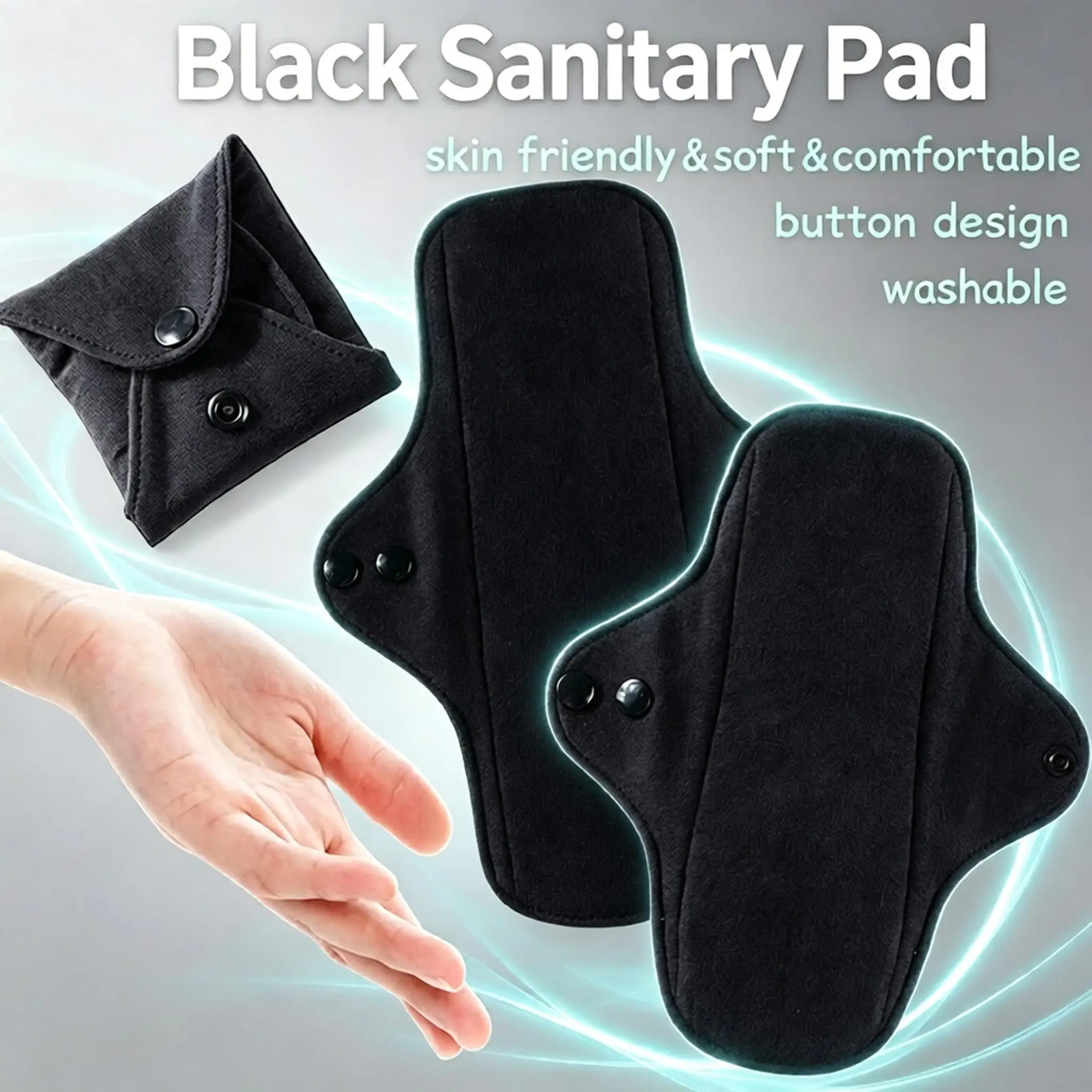 5Pcs Set Reusable Washable Black Pure Cotton Cloth Menstrual Pads 4 Layers Waterproof Leakproof Sanitary Pads Send Storage Bag