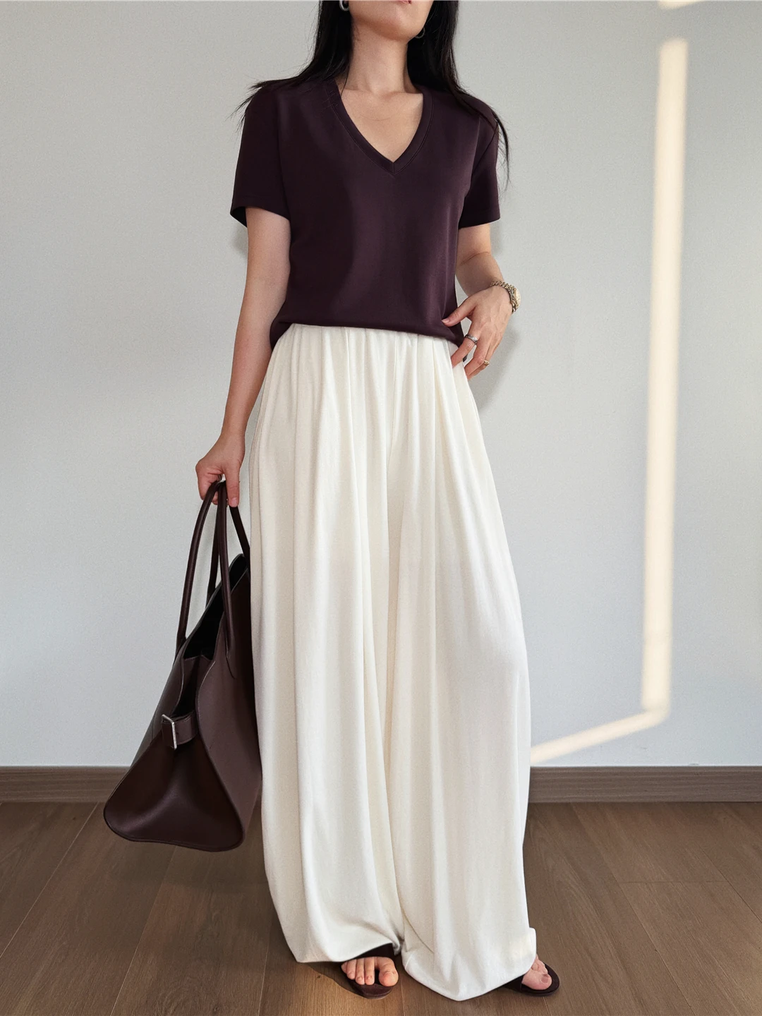 

AfuShop26 Spring Summer Balloon Wide Leg Pants Elastic Waist Wool Drapey Breathable Ladies Casual Trousers