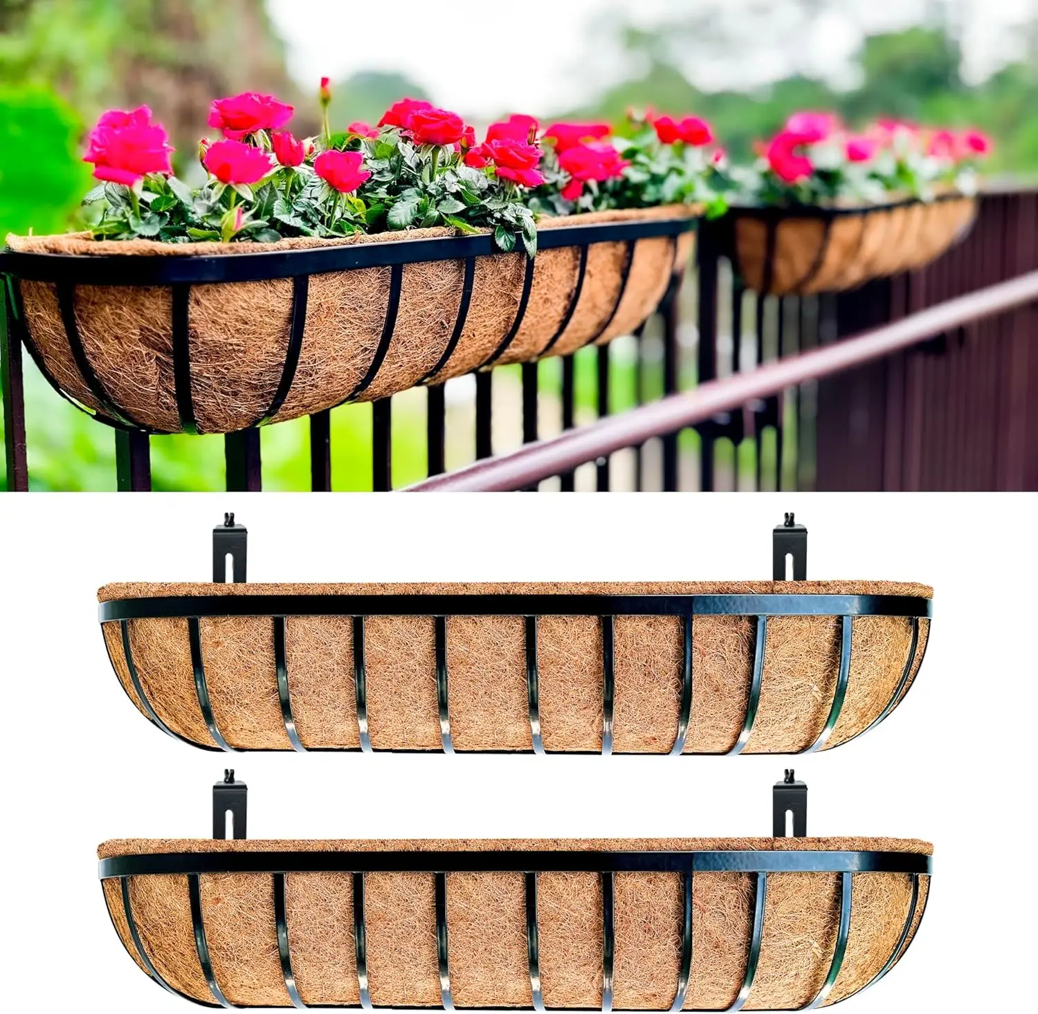 

36" Black Metal Railing Planters Box (2 Pack) with Coco Liner, Large Wall Hanging Planter for Outdoor Plants Deck Fence Balcony Garden