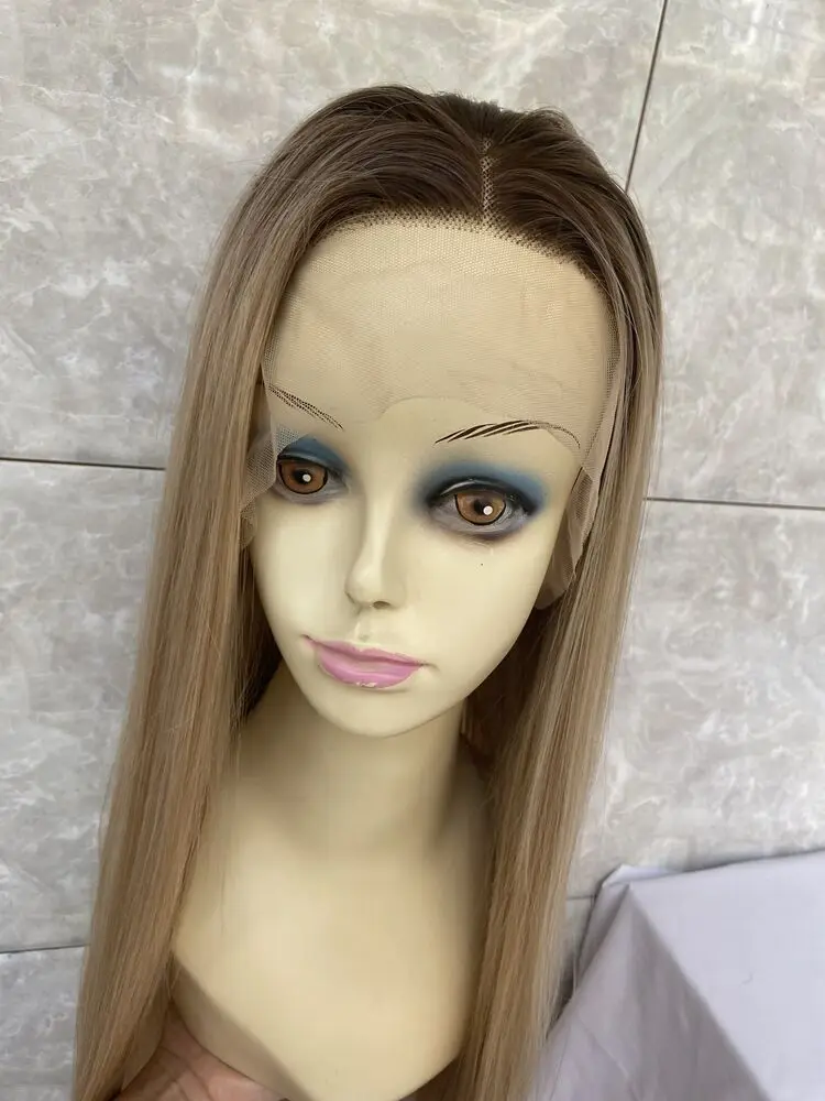 Lace Front Echthaar Mischung Hitze Blondine Mix gerade dunkle Wurzeln Perücken