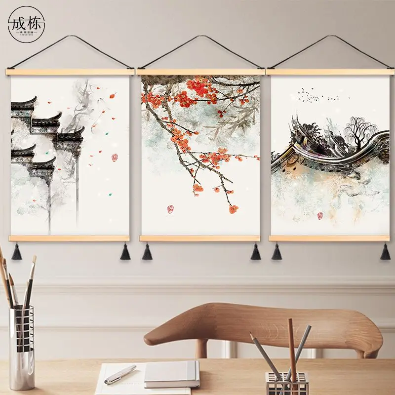 

JapaneseZenDry LandscapeScroll Wall HangingNatural Solid Frame Ink Painting for Study Living RoomLargeVertical Fabric Art Decor