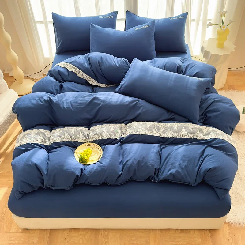 2025 غطاء لحاف جديد مع ملاءة سرير فئة أ غطاء لحاف قابل للغسل غزل مزدوج كريب القطن الدانتيل الدانتيل 3-4 قطعة طقم سرير #2