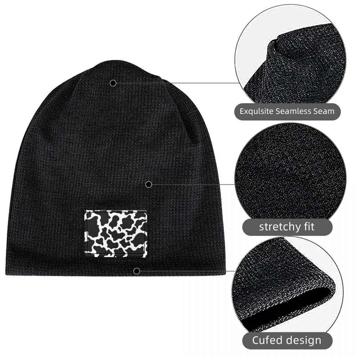 Cow Spots Animal Print Waffle Knit Fleece Lined Beanie with PU Leather Patch Unisex Warm Winter Soft Cap
