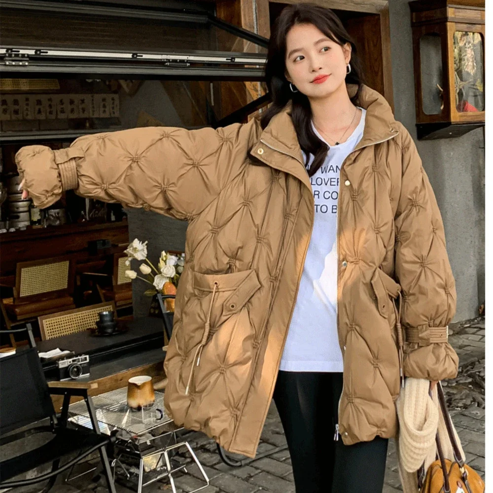 Winter Women\'s Down Coats Stand Collar Loose Warm Fluffy Down Coat Female Buckle Cuff DesignDiamond Plaid Woman\'s Quilted Jacket