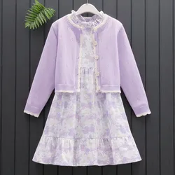 School Uniform Girls Suit for Kids Teenagers Purple Floral Dress & Knitted Cardigan Outfits Baby Children Costumes 6 8 9 12Years