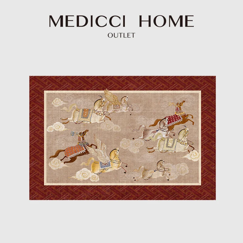 

Medicci Home Vintage Chinese Pictorial Area Rug Galloping Horses Storytelling Charm Decorative Small Carpet For Porch Or Bedside