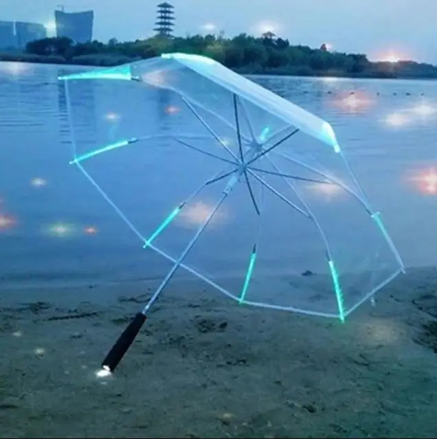 2024 Creative New Hot Fashion Cool Umbrella With LED Features 8 Rib Light Transparent With Flashlight Handle Umbrellas