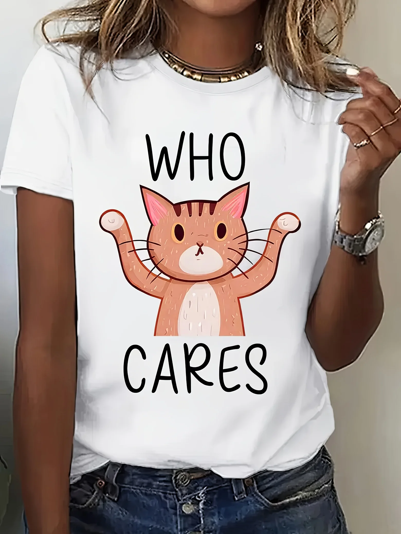 

Cute Cat Who Cares Parttern Printed Summer Women Casual Tshirt Short Sleeve Roundneck Tshirt Soft Women Daily Wear Clothing