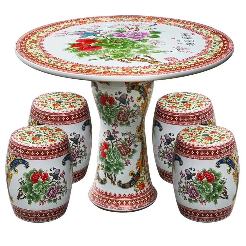 

Ceramic pastel table and stool set, balcony coffee table, outdoor courtyard, garden leisure table and stool decorations