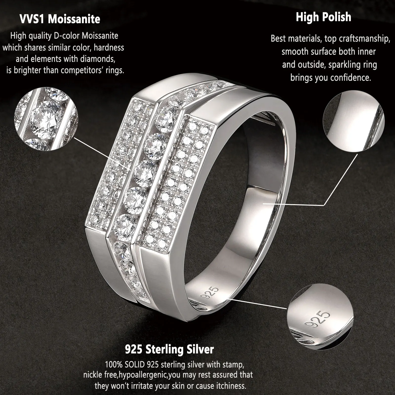 Newshe Full Moissanite Wedding Band for Men 925 Sterling Silver Engagement Rings Pave Brilliant Round Eternity Promise Ring