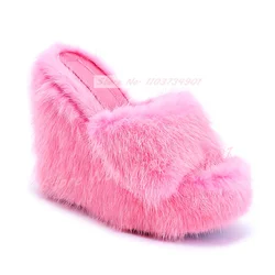 Pink Fluffy Platform Wedges Mules Lady Elegant Furry Round Toe High Heel Shoes Female Fashion Sexy Party Open Toe Solid Slippers