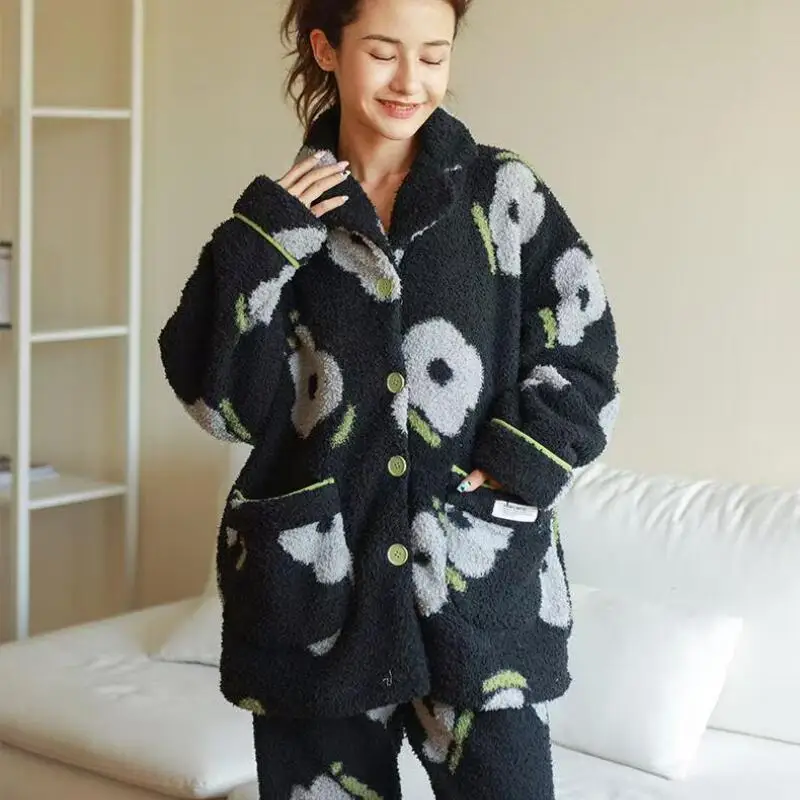 امرأة الشتاء Pj مجموعة منامة دعوى الطباعة رشاقته الفانيلا Homewear يمكن ارتداؤها كملابس خارجية المرجان الصوف الدفء ملابس خاصة دعوى