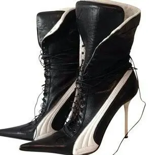 Black and red leather sexy leather Motorcycle boots for women lace pointed toe ankle booties high heels designer chic shoes view 2