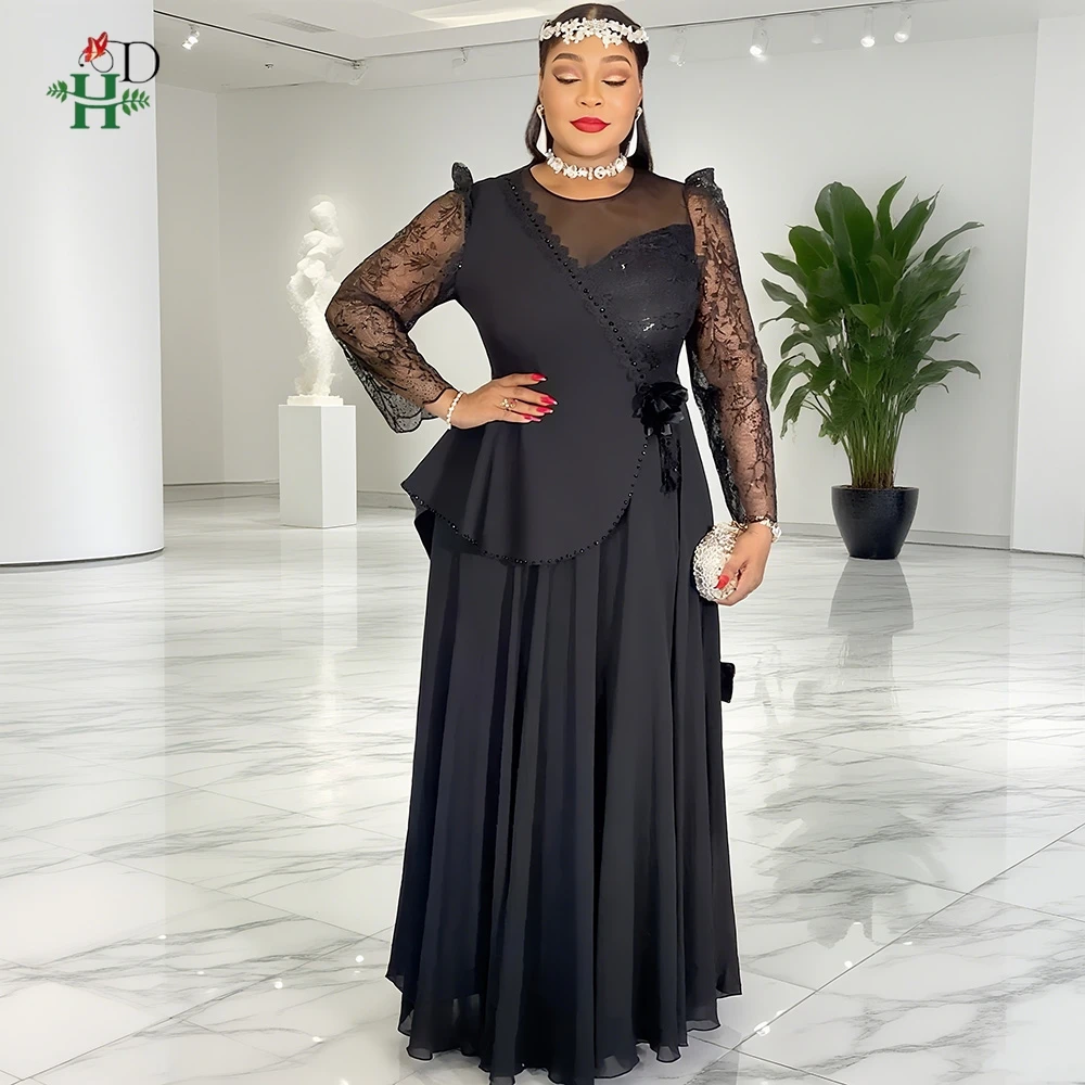 Elegant African Clothes For Women Maxi Dress 2025 New Fashion Wedding Party Dress Lace Sleeves Plus Size Turkey Outfits Gown