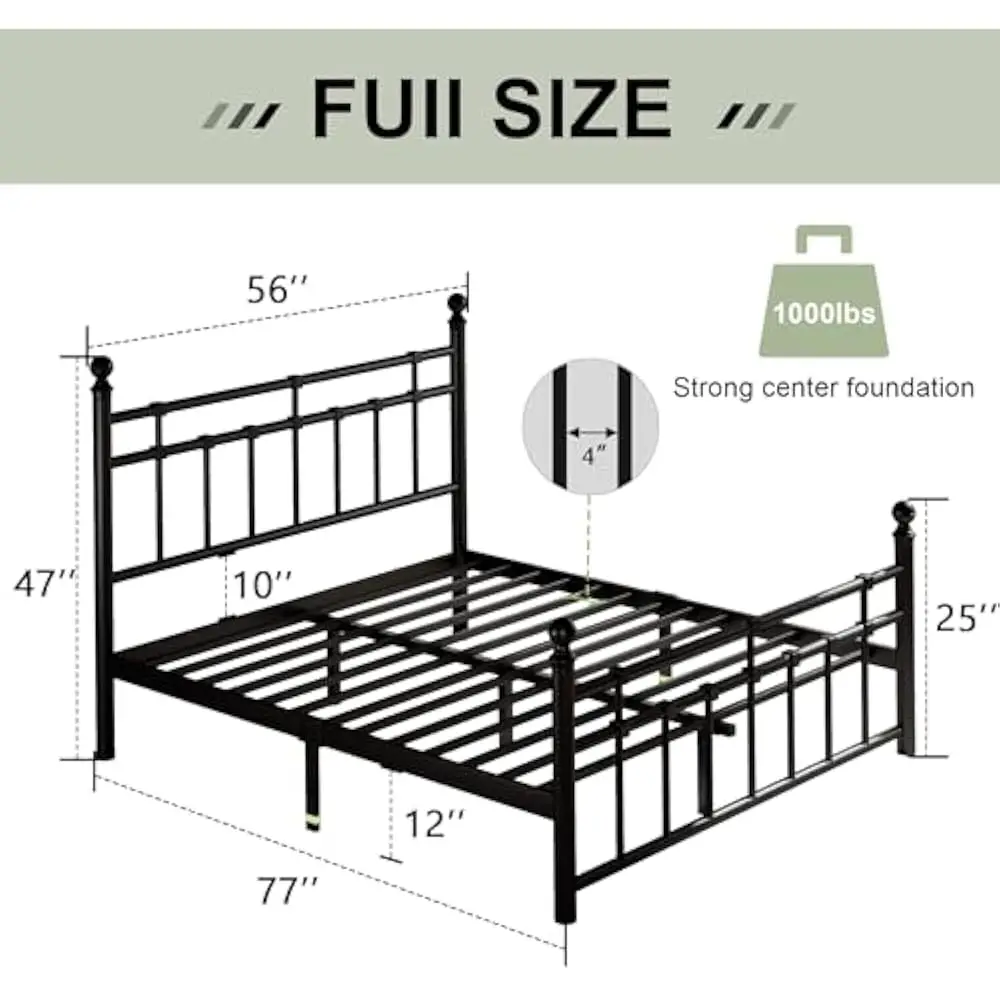 إطار سرير كامل الحجم مع لوح أمامي ولوح قدم كلاسيكي من الحديد، شرائح شديدة التحمل، تخزين تحت السرير مقاس 12 بوصة، لا حاجة إلى صندوق زنبركي #6