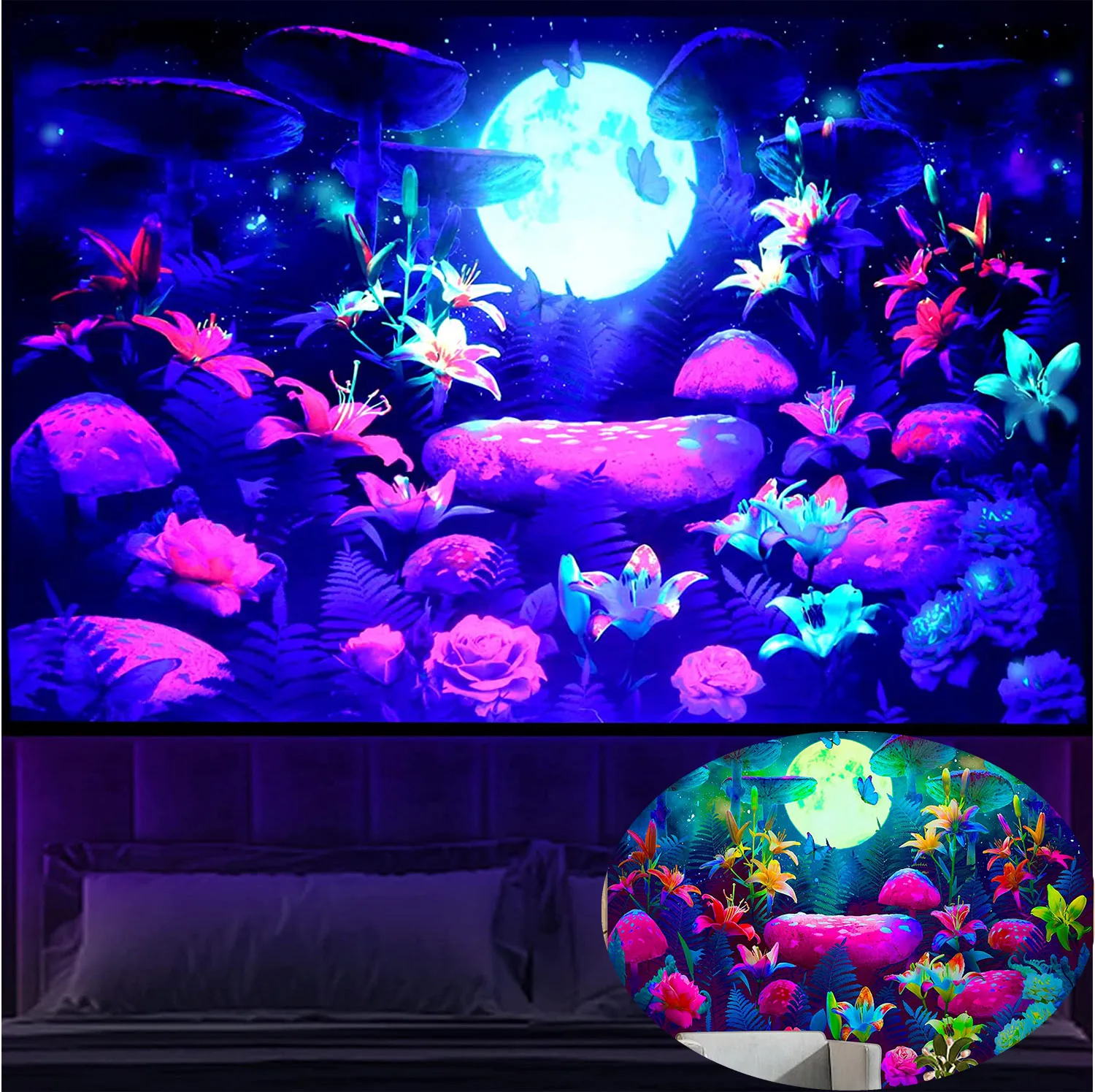 

Blacklight Fantasy Forest Tapestry Trippy Mushroom UV Reactive Galaxy Moon Tapestries Butterfly Landscape for Bedroom Home Decor