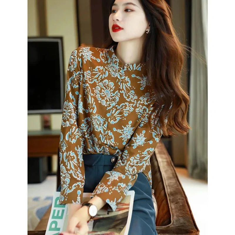 Spring Autumn New Fashion Stand Collar Long Sleeve Printing Blouses Women\'s Clothing Loose Western Style All-match Trend Shirts