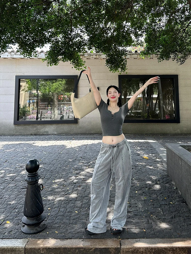 Cseta de Manga Corta Estilo Americano para Mujer, Verano, Ajustada, Sexy, Cuello Medio Abierto con Botones en los Hombros,...