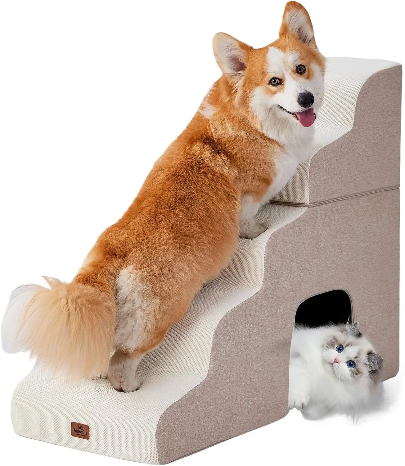 

Beige Curved Pet Stairs Ramp for High Beds, 5-Step Non-Slip Steps for Small Dogs and Cats, Easy Climbing Support