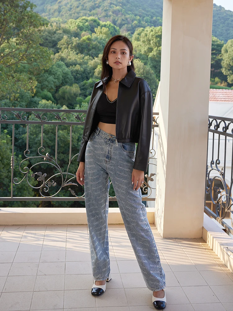 Muralnern Giacca da donna in vera pelle di pecora con colletto quadrato, vestibilità ampia, maniche lunghe, stile casual